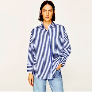 Zara Oversized Pinstripe Shirt with Pearl Detail
